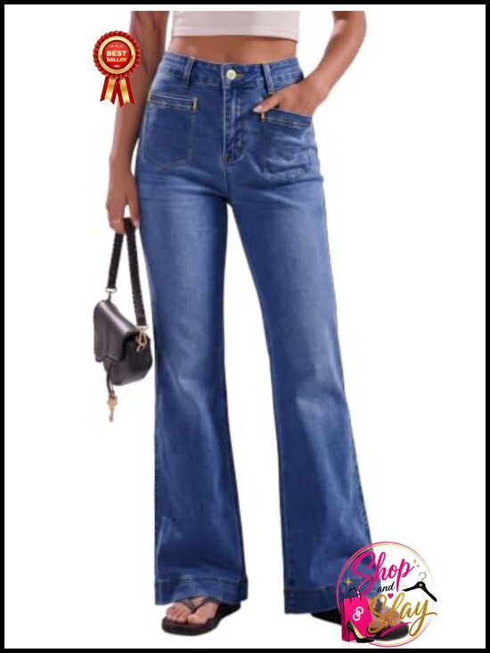Denim - High Waisted Flare Jeans Boot Cut Wide Leg Denim Pants Casual